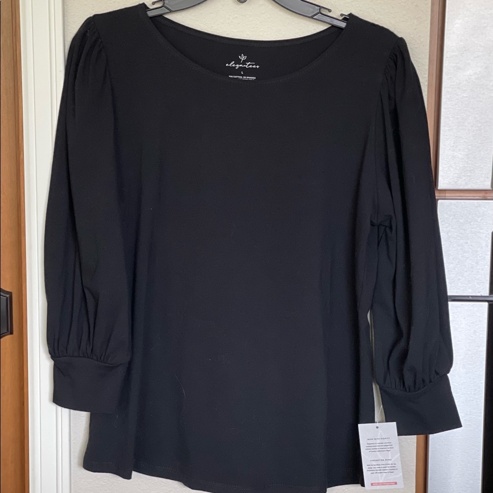 🆕 Elegantees Long Sleeve Cotton-Blend Classic Tee Black